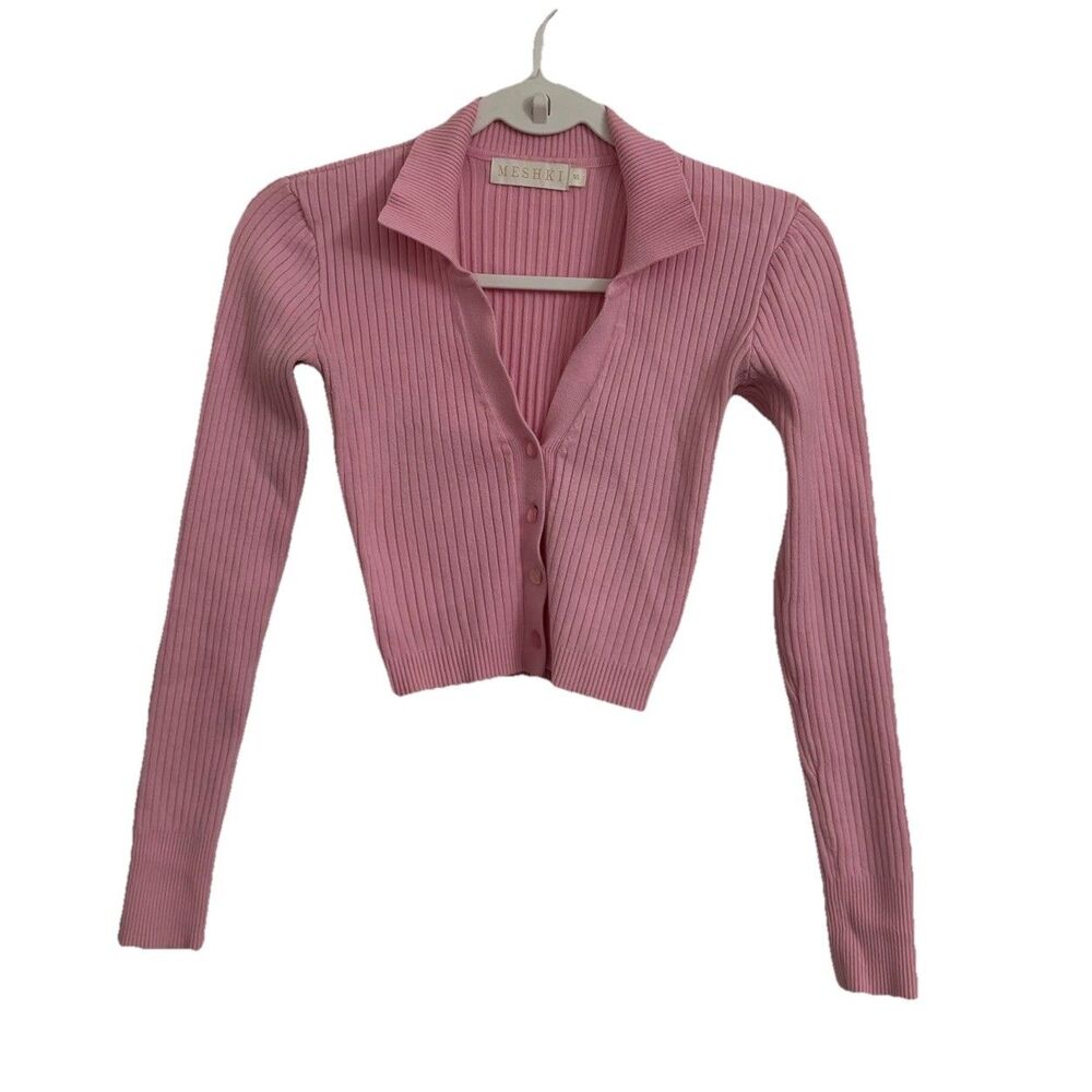 MESHKI Cardigan Crop Top Small Pink Ribbed Long Sleeve‎ Knit Y2K Pastel Preppy